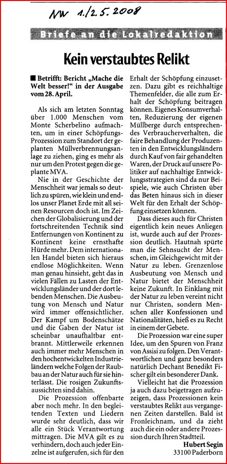 Leserbrief zur Prozession gegen die geplante Müllverbrennungsanlage in Paderborn